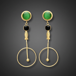 Pendientes Colgantes con Diseño de Pez en Ónix Negro, Chapados en Oro, con Gema Verde, Aleación de Metal Precioso, Hechos a Mano, para Fiesta - Product Image 2