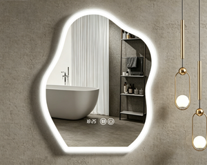 Smart <b>Mirror</b> With <b>LED</b> Lighting Irregular Shape Wall Mounted Touch Control Wooden Frame Minimalist Design Bathroom Use - Product Image 5