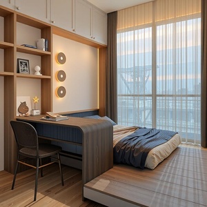 Customized Modern Minimalist Wood <b>Bedroom</b> Wardrobe with Tatami <b>Desk</b> and Bookshelf <b>for</b> Apartment and Hotel Use - Product Image 2