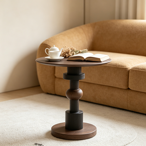 Mesa Auxiliar Redonda de Dos Tonos en Color Oscuro, con Pedestal, de Madera Sólida, Columna Cilíndrica, Estilo Minimalista, para Sala de Estar o Esquina - Product Image 6