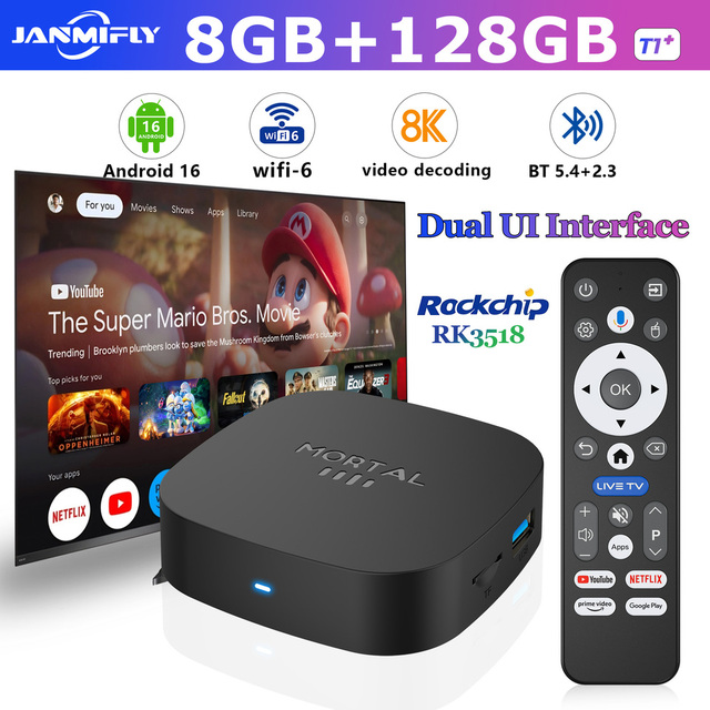 2025 New Android TV Box T1+ Rockchip RK3518 Android 16 8GB RAM 128GB ROM WiFi 6 BT 5.4 Dual UI 8K Smart Media Player