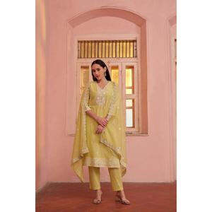 Hot Sale <b>Women</b> Yellow Ethnic Motifs Embroidered Mirror Work Pure Cotton <b>Kurta</b> with Matching Trousers and Dupatta - Product Image 2