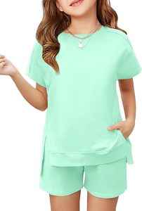 Set 2 Pezzi per Ragazze Adolescenti, Completi Estivi per Bambini con Magliette a Maniche Corte e Pantaloncini con Elastico in Vita, Set di Abbigliamento per Bambini per Uso Quotidiano - Product Image 2