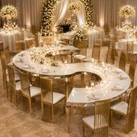 Tables en gros avec structure en acier inoxydable et plateau en verre blanc, style pieds de serpent, pour hôtels, mariages, banquets, fêtes et événements