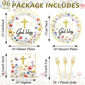 Assiettes et serviettes de fête pour baptême, décorations de baby shower avec croix dorée, colombe blanche et motifs floraux, assiettes à dessert pour fête - Product Image 3