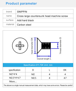 Vis à tête fraisée Phillips en acier au carbone plaqué noir, grande tête, M1-M10, vis à tête plate non standard, <span class=keywords><strong>boulon</strong></span> à grande tête de diamètre non standard - Product Image 6