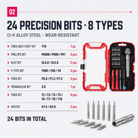 Kit de réparation électronique 32 pièces avec 24 embouts de précision en acier au chrome-vanadium, tournevis Phillips, Torx, hexagonaux pour réparation de téléphones