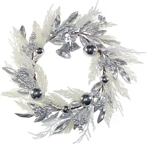 19 Inch Silver Christmas Wreath for Front Door, White Fake Pampas Grass Xmas Wreaths with Silver Berry Leaves Bells