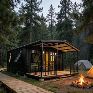 Cabine <span class=keywords><strong>de</strong></span> camping modulaire <span class=keywords><strong>en</strong></span> conteneur 20 pieds 40 pieds, <span class=keywords><strong>cabane</strong></span> préfabriquée <span class=keywords><strong>en</strong></span> forêt avec véranda et portes <span class=keywords><strong>en</strong></span> verre, idéale pour le glamping ou les stations <span class=keywords><strong>de</strong></span> montagne - Product Image 2