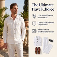 Ensemble chemise et pantalon en lin pour homme – Chemise safari à manches longues avec poches à rabat et pantalon à cordon de serrage – Vente en gros – Fabricant sur mesure pour l'été