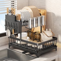 Égouttoir à vaisselle double couche pour cuisine avec design zoné, support pour couteaux et baguettes, porte-tasses, plateau anti-goutte et égouttoir à eau
