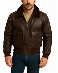 Brown Genuine <b>Leather</b> Tanned Eco-Friendly Aviator Jacket <b>Men</b> Stand Collar Zipper Closure <b>Bomber</b> Style Winter Outerwear Polyester - Product Image 1