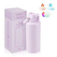Bouteille d'eau isotherme personnalisable avec logo, sans BPA, 1 litre (32 oz), double paroi sous vide, en acier inoxydable thermolaqué, avec couvercle à bec verseur et couvercle à paille