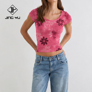 Nueva Camiseta de Verano con Estampado Playero, Cuello Redondo y Manga Corta, Camisetas de Rayón Acanalado Personalizadas para Mujer - Product Image 4