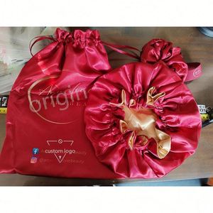 Custom Logo Hair Bonnet Digital Printing Drawstring <b>Wig</b> Bag Adjustabele Satin Bonnets and Elastic <b>Band</b> Set for Women Gift - Product Image 1