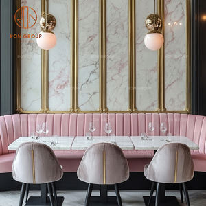 Juego de Muebles de Lujo para Restaurante, Mesas Redondas de Mármol con Taburetes de Terciopelo Gris, Sillas de Cafetería, Sofá Rosa con Mechones para Cafetería - Product Image 4