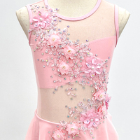 Robe de danse pour filles, rose, à fleurs, en maille transparente, sans manches, en spandex/nylon, avec appliques faites à la main, pour la danse lyrique, Fitdance