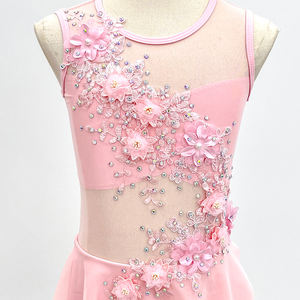 Vestido de Danza para Niñas, Color Rosa Floral, Malla Transparente, Sin Mangas, Spandex/Nailon, Apliques Florales Hechos a Mano, para Danza Lírica - Product Image 3