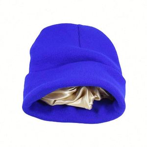Bonnet en tricot doublé satiné, bonnet à revers, bonnet d'hiver chaud uni pour hommes et femmes, bonnet de ski, bonnet à revers, logo personnalisé - Product Image 1