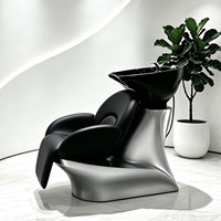 Fauteuil de lavage et de shampoing compact et inclinable au design minimaliste avec lavabo en céramique et structure en fibre de verre pour salons de beauté et salons de coiffure - Cuir