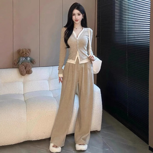 Women's Knitted Two-Piece Set Full Sleeve Splicing High Waist Wide Leg Pants Solid Color Casual Suit Apricot Black - Product Image 2