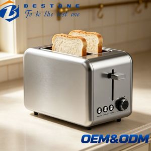 Grille-pain BESTONE 2 tranches en acier inoxydable, électrique, 850W, minuterie mécanique avec fonctions de dégivrage, de réchauffement et d'annulation, usage domestique - Product Image 1