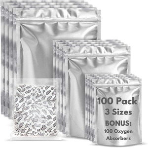 Premount 100 Mylar Bags for Food Storage With Oxygen Absorbers 300cc -1 Gallon 3.5 Mil 10"x14", 6"x9", 4"x6" - Resealable B