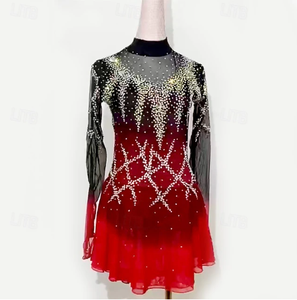Personnalisé noir rouge dégradé robe <span class=keywords><strong>de</strong></span> danse filles à manches longues dentelle Sequin <span class=keywords><strong>Mini</strong></span> danse enfant strass cristal robe patinage artistique - Product Image 2