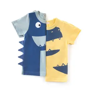 サマーボーイズ半袖Tシャツイエロー3D恐竜プリント通気性半袖シャツミディアム子供用コットントップ