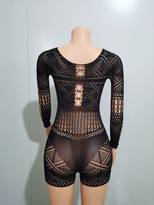 Yüksek kalite Cut Out siyah şeffaf kadınlar Bodysuit Bodycon tek parça bayanlar Wrap tulum şort seksi Mesh kadın tulumlar - Product Image 6