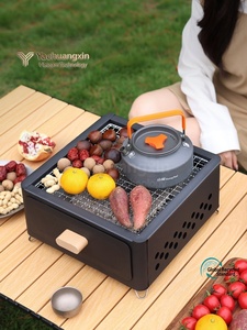 <b>Outdoor</b> Charcoal Stove With Teapot Portable Camping <b>BBQ</b> Grill Stainless Steel Folding <b>Table</b> Use - Product Image 4