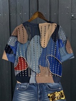 Cardigan en tricot abstrait bleu pour femme, col en V, pointelle ajourée, pull respirant 100 % polyester, imprimé patchwork vintage