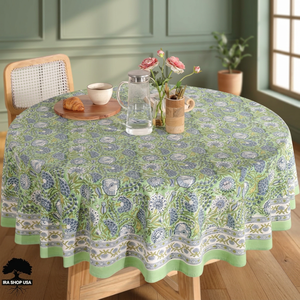 Round Printed Cotton <b>Linen</b> <b>Tablecloth</b> Floral Pattern Modern Style Handmade Customized Washable Party Use Green Blue White Design - Product Image 2