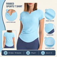 T-shirt de sport côtelé à manches courtes pour femme avec coussinets amovibles, idéal pour la gym, le yoga et le fitness, vêtement de sport féminin uni, personnalisable avec logo.