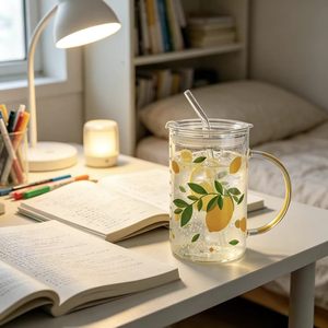 Tazza in Vetro Borosilicato LAKOTTO 900ml con Coperchio e Cannuccia, Soffiata a Macchina, Stampa Decalcomania, Resistente al Calore, con Manico - Product Image 6