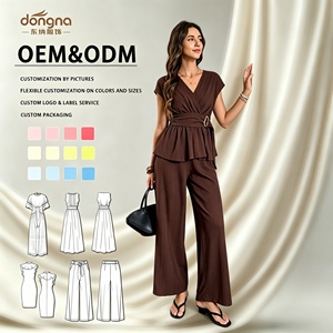 Conjunto Feminino Ecológico Sólido com Decote em V e Calças Soltas de Comprimento Total, Roupa Casual para Primavera e Verão OEM ODM - Product Image 1