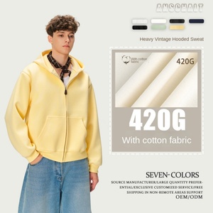 Sudadera con capucha retro americana de 420 g, cuello alto, para hombre y mujer, con cremallera, estilo informal, para primavera y otoño - Product Image 3