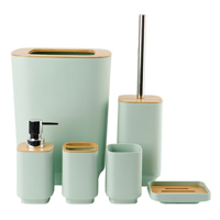 Ensemble d'accessoires de salle de bain de luxe en bambou et plastique, 6 pièces, design moderne : poubelle, distributeur de savon, porte-savon, brosse de toilette, porte-brosse à dents