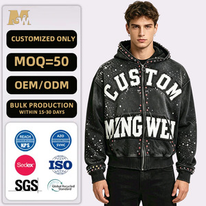 Felpa con cappuccio vintage lavata con borchie e <span class=keywords><strong>schizzi</strong></span> <span class=keywords><strong>di</strong></span> vernice, con zip, taglie forti, con lettere in ciniglia, stile streetwear, all'ingrosso dal produttore - Product Image 1
