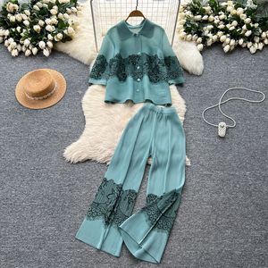 Premium Feeling Pleated Loose Lapel Pressed Pleat Top High Waisted Wide Leg <b>Pants</b> Women's Printed 2 Piece Set Fashion - Product Image 4