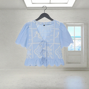 Blusa de Gasa Azul Claro Bordada para Mujer, Cuello en V, Manga Corta, Estilo Bohemio, con Lazo, Top Corto Holgado para Primavera/Verano - Product Image 2