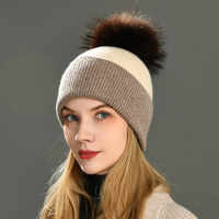 Chapeau en cachemire rayé chaud avec pompon en fourrure véritable, luxueux, doux, élégant, vente en gros, logo personnalisé, bonnet d'hiver pour femmes