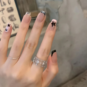 Uñas Postizas Francesas con Diseño de Estrella Blanca y <span class=keywords><strong>Negra</strong></span>, Estilo Y2K, Color Nude, con Pedrería, Cortas y Cuadradas, para <span class=keywords><strong>Manicura</strong></span> Diaria - Product Image 5