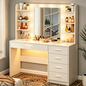 Factory Direct Wholesale Modern Vanity Desk LED Lighted Mirror Dimmable Charging Station <strong>Makeup</strong> Dressing Table Shelves 5 <strong>Drawers</strong> - Product Image 5