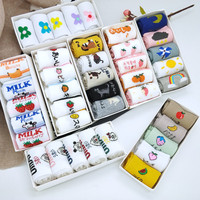 Lot de 5 paires de chaussettes en coton fantaisie pour femmes et adolescentes, style coréen et japonais, motif dessin animé, à la mode et amusantes, en boîte, vente en gros