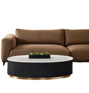 Table basse moderne avec plateau en marbre, base en plinthe dorée, finition noire, blanche et dorée, meuble décoratif pour salon - Product Image 3