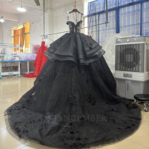 Dy20259-3 Robes de Quinceañera Princesse Noires Élégantes avec Appliques Pailletées, Robe de Bal en Tulle Dos Nu, Traîne Chapelle, pour 15 et 16 ans - Product Image 3