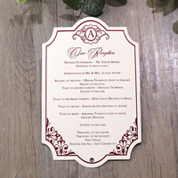 Carte de menu de mariage vintage découpée, dorure bordeaux, impression personnalisée recto-verso, carton rigide, décoration de table pour réception de banquet