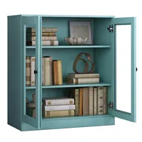 Bibliothèque à 3 étagères en bois à double porte avec portes en verre transparent, vitrine turquoise pour le salon et le bureau à domicile