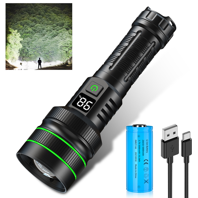 High Quality 26650 LED Zoom Tactical Flashlight IP65 Waterproof 2000 Lumens Aluminum Body Camping Use Rechargeable TYPE-C 6
